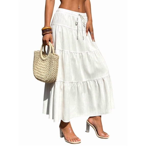 Women Solid High Waist Tiered Pleated A-Line Maxi Cake Skirt White M