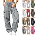 thumbnail image 1 of Women Solid High Waist Wide Leg Cargo Pants, Drawstring Elastic Waist Casual Sports Workwear Trousers with Multi Pockets Dark Gray XS, 1 of 6