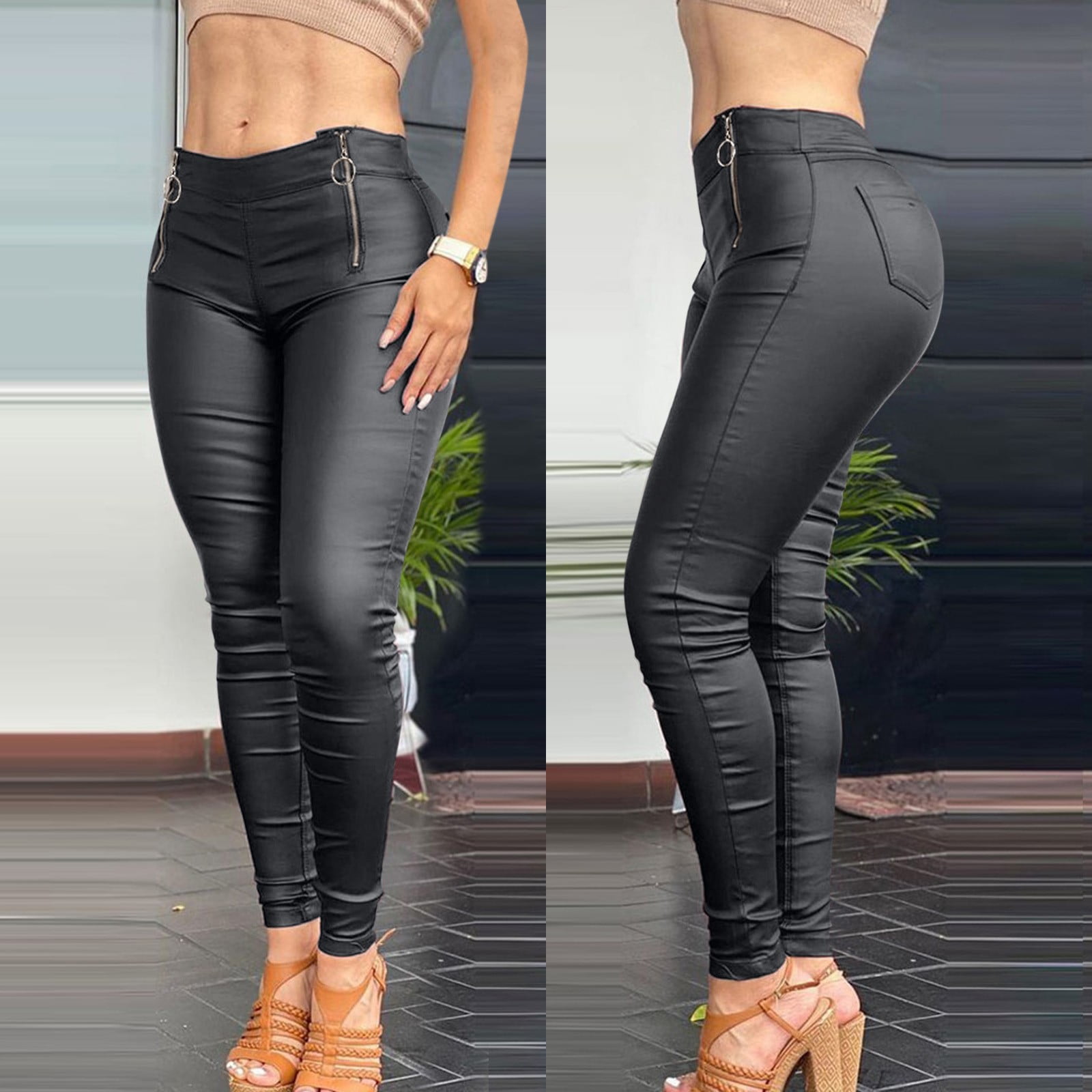 Women's Real Leather High Waisted Trousers Pants