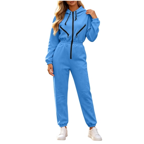 Women Solid Hooded Long Sleeve Jumpsuit, Full Zip Up Casual Jogger Jumpsuit for Winter Daily Casual Wear Blue XL(XL)