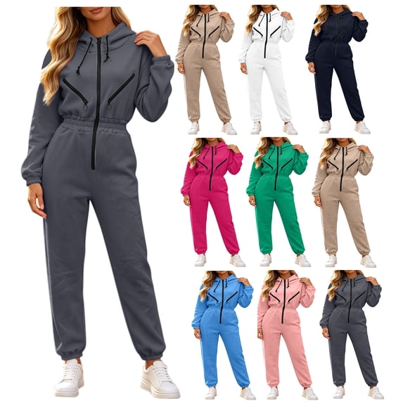 Women Solid Hooded Long Sleeve Jumpsuit, Full Zip Up Casual Jogger Jumpsuit for Winter Daily Casual Wear Gray XL(XL)