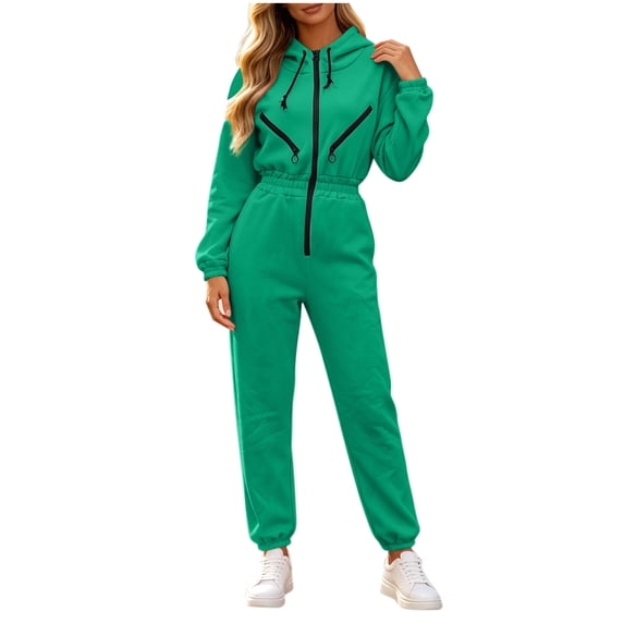 Women Solid Hooded Long Sleeve Jumpsuit, Full Zip Up Casual Jogger Jumpsuit for Winter Daily Casual Wear Green S(S)