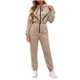 thumbnail image 1 of Women Solid Hooded Long Sleeve Jumpsuit, Full Zip Up Casual Jogger Jumpsuit for Winter Daily Casual Wear Khaki M(M), 1 of 7