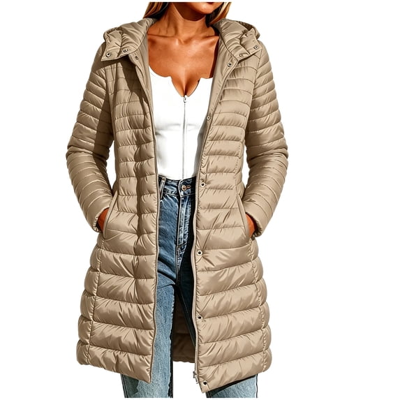 Women Solid Hooded Mid-Length Puffer Coat, Long Sleeve Zip & Button Quilted Jacket with Side Pockets Winter Outerwear Khaki S(S)