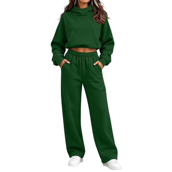 Women Solid Hooded Tracksuit 2 Piece Outfits, Long Sleeve Cropped Hoodie with Pockets & Elastic Waist Wide Leg Sweatpants Casual Daily Lounge Set Green M(M)