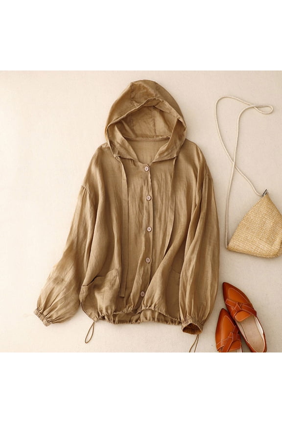 Women Solid Hoodie Jacket Drawstring Long Sleeve Button Down Blouse Oversized Hooded Cover Ups Cute Winter Clothes for Women Anorak Pullover Women plus Size Rain Jacket plus Size Windbreakers for