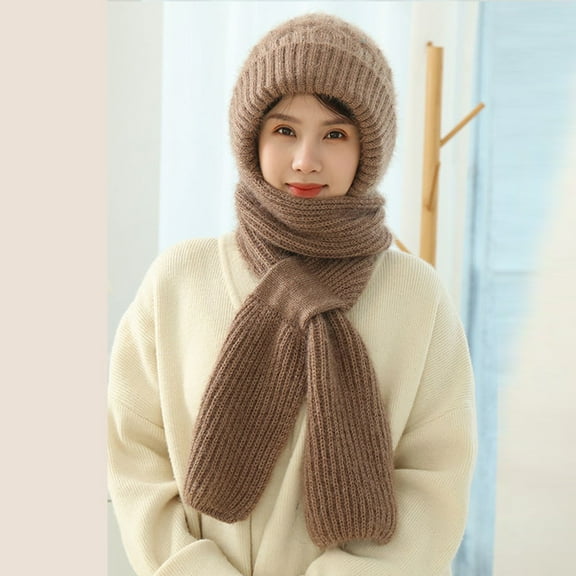 Women Solid Integrated Ear Windproof Hat Scarf Hooded Scarf Winter 2 In 1 Scarf Knitted Hat Gloves Scarf Set for Girls Scarf Gloves Hat Hat Gloves Scarf Gloves Set Women Scarf Hat Set for Girls Hat