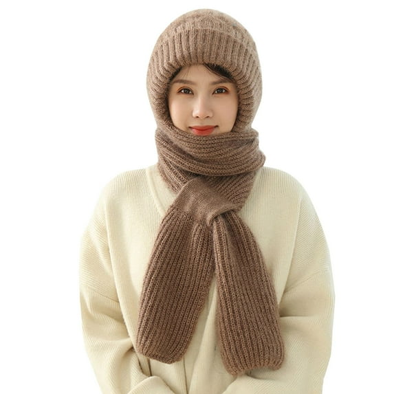 Women Solid Integrated Ear Windproof Hat Scarf Hooded Scarf Winter 2 In 1 Scarf Knitted Hat