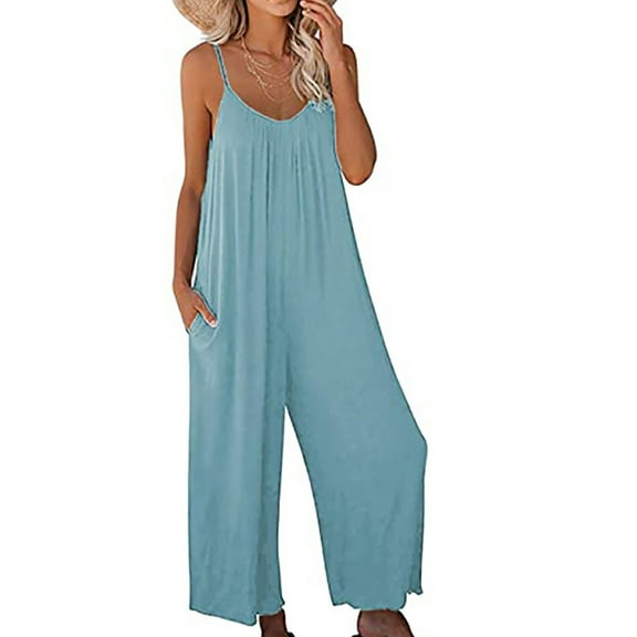 Women Solid Jumpsuit Pajamas Casual Sling Wide Leg Long Pants