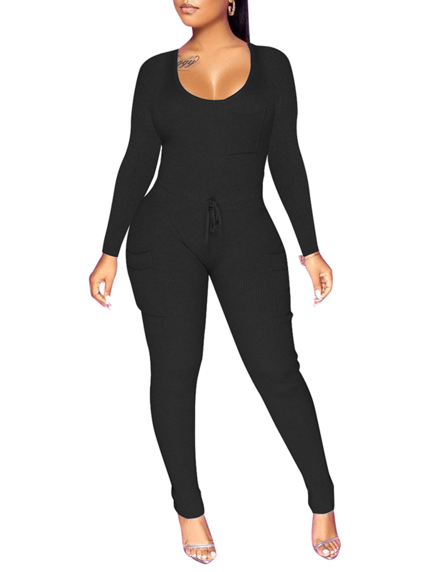 Women Solid Jumpsuits Yoga Workout Ribbed Long Sleeve Low Cut Jumpsuit ...