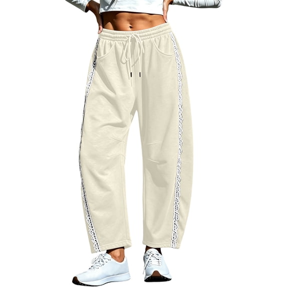 Women Solid Lace Striped Side Barrel Wide Leg Sweatpants, Drawstring Elastic High Waist Side Pockets Loose Casual Jogger Loungewear Trousers Khaki XXXL(XXXL)