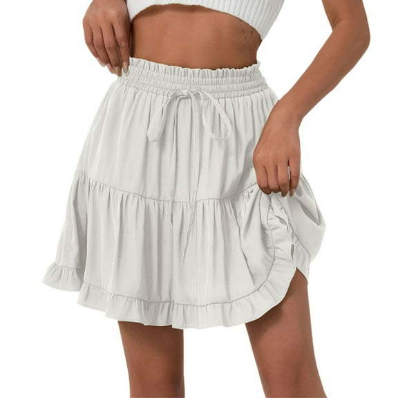 Women Solid Lace Up Skirt High Waist Skirt Pleated Ruffle Fold Skirt