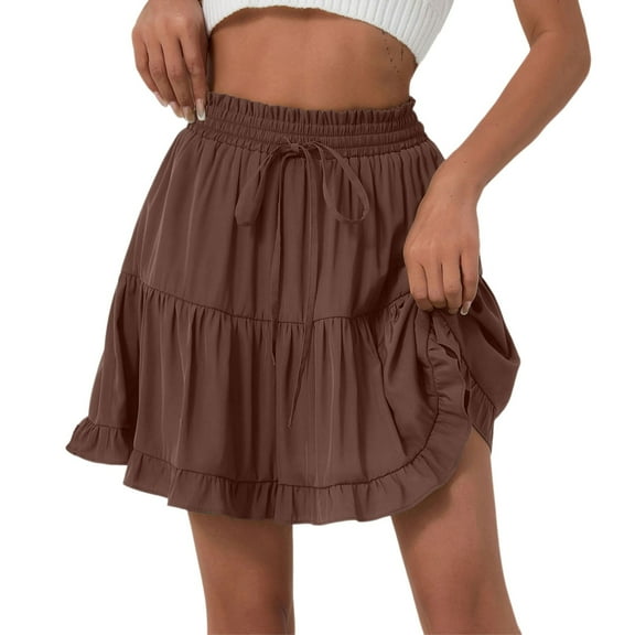 Women Solid Lace Up Skirt High Waist Skirt Pleated Ruffle Fold Skirt