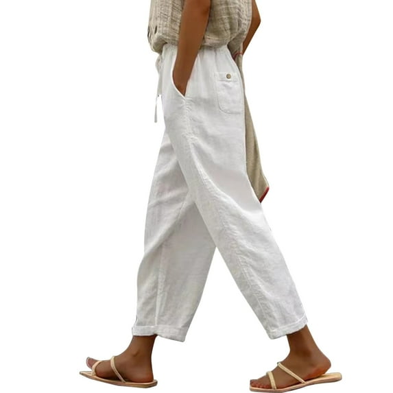 Women Solid Lace Up Trouser Pant Casual Baggy Elastic Waist Trouser Wide Leg Pant With Work Pants for (White #5, 2/L)