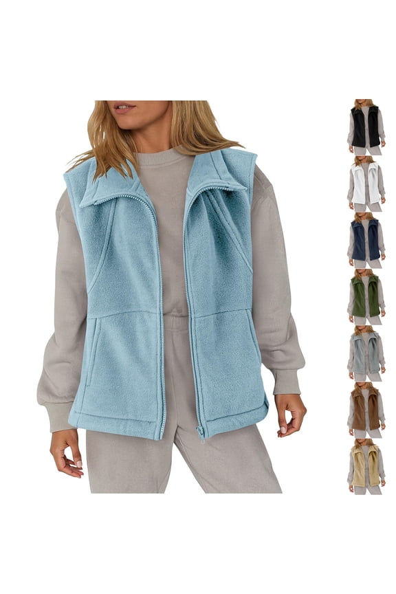 Women Solid Lapel Fleece Vest Soft Sleeveless Zip Front Vest Everyday Casual Outer Coat with Pockets Black XL