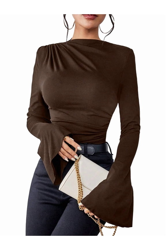 Women Solid Lettuce Trim Flounce Sleeve Casual Elegant Chic Mock Neck Long Sleeve Skinny Crop T-Shirt Brown S