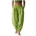 thumbnail image 1 of Women Solid Linen Jogger Pants Ruched Elastic Waist Cuffed Ankle Design Functional Pockets Comfortable Daily Casual Wear Trousers Army Green L, 1 of 4