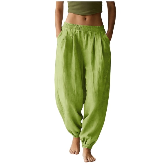 Women Solid Linen Jogger Pants Ruched Elastic Waist Cuffed Ankle Design Functional Pockets Comfortable Daily Casual Wear Trousers Army Green L