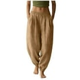 thumbnail image 1 of Women Solid Linen Jogger Pants Ruched Elastic Waist Cuffed Ankle Design Functional Pockets Comfortable Daily Casual Wear Trousers Beige XXL, 1 of 5
