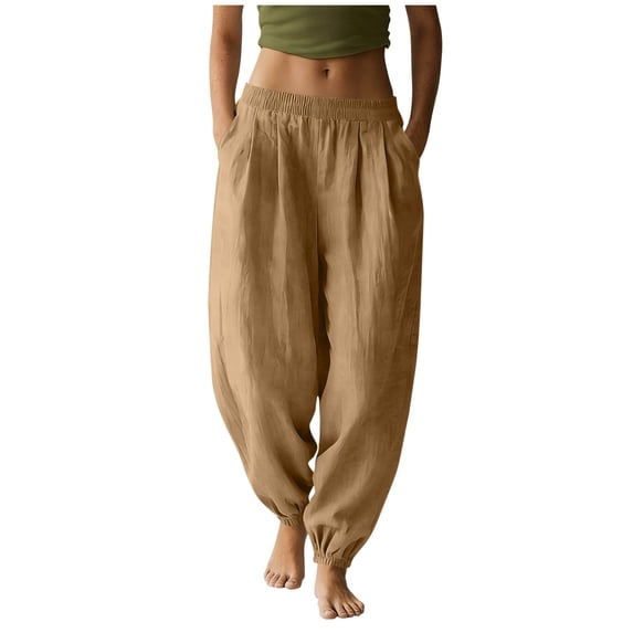 Women Solid Linen Jogger Pants Ruched Elastic Waist Cuffed Ankle Design Functional Pockets Comfortable Daily Casual Wear Trousers Beige XXL