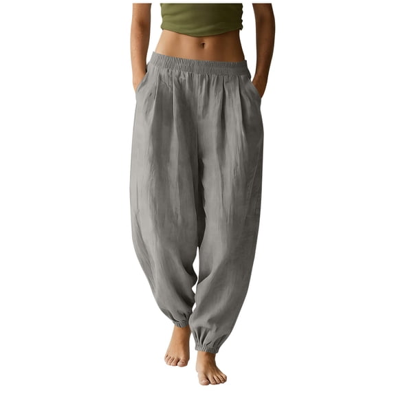 Women Solid Linen Jogger Pants Ruched Elastic Waist Cuffed Ankle Design Functional Pockets Comfortable Daily Casual Wear Trousers Gray XXL