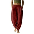 thumbnail image 1 of Women Solid Linen Jogger Pants Ruched Elastic Waist Cuffed Ankle Design Functional Pockets Comfortable Daily Casual Wear Trousers Red XXL, 1 of 5