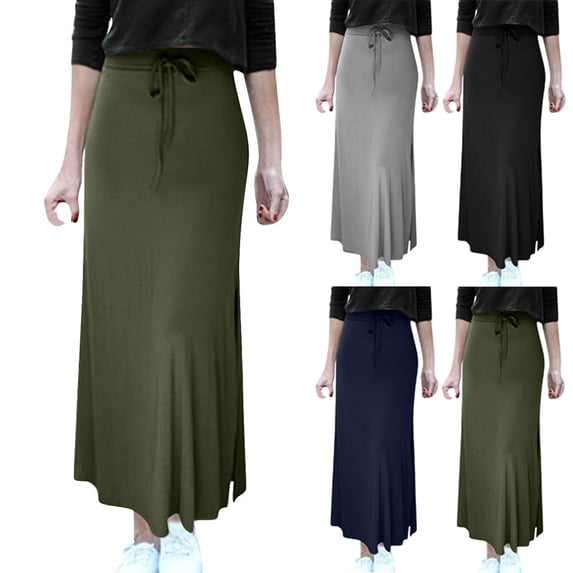 Women Solid Long Skirt Elastic High Waisted Summer Long Skirt Straight Maxi Skirt with Side Slit Drawstring Long Flowy Ankle-Length Skirt