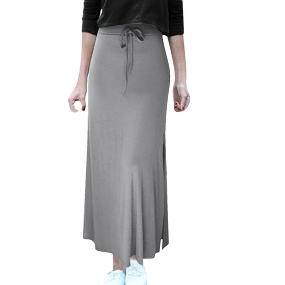 Women Solid Long Skirt Elastic High Waisted Summer Long Skirt Straight Maxi Skirt with Side Slit Drawstring Long Flowy Ankle-Length Skirt