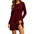 thumbnail image 1 of Women Solid Long Sleeve Casual Dress, Crew Neck Dress with Button Decor, Mini Dress for Daily Wear Wine L(L), 1 of 8