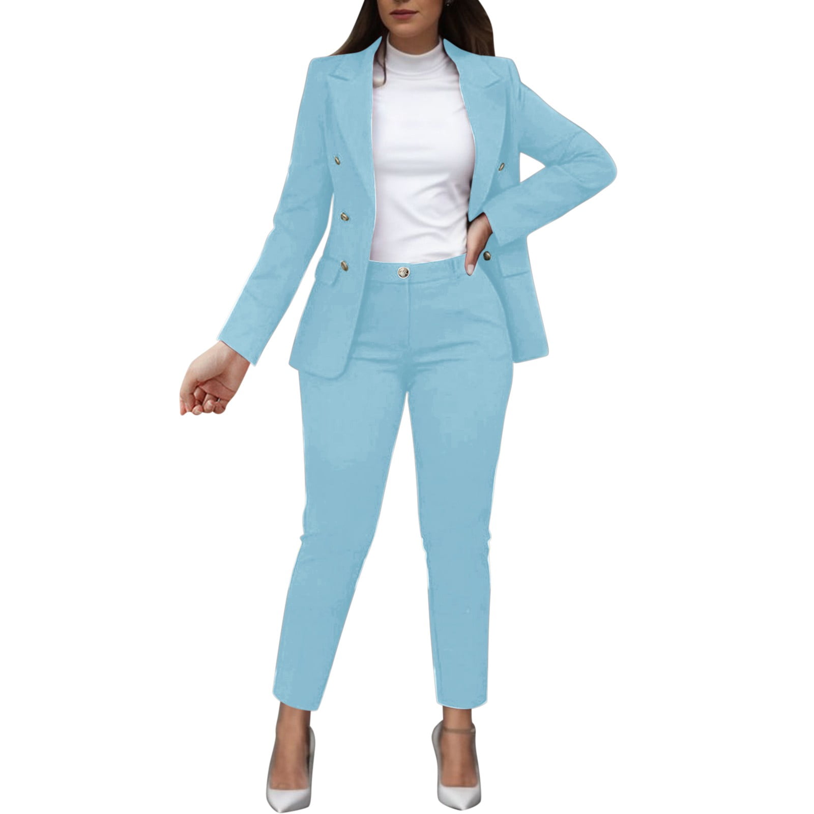 Women Solid Long Sleeved Suit Pockets Trousers Pants Suit Elegant