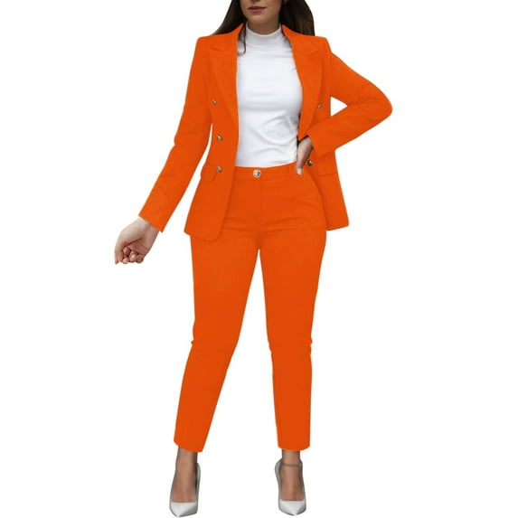 Women Solid Long Sleeved Suit Pockets Trousers Pants Suit Elegant Suit Orange L