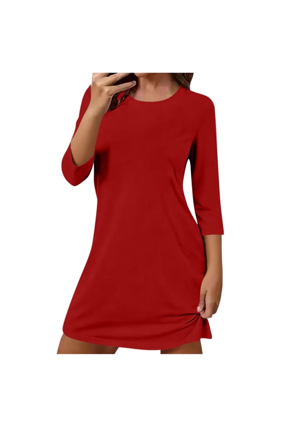 Women Solid Mid Nightgown 3/4 Sleeve Sleep Dress Night Shirt Soft Nightwear Tunic Tops Loungewear Pullover Casual Going Out Tshirt Dress Sleepwear