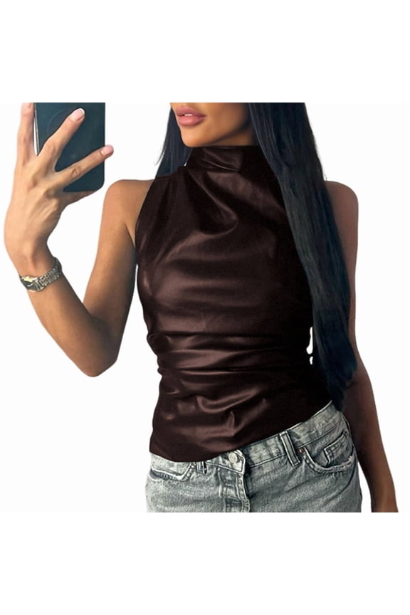Women' Solid Mock Neck Sleeveless PU Leather Pleated Slim Fit Tank Top Brown L