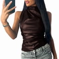 thumbnail image 1 of Women' Solid Mock Neck Sleeveless PU Leather Pleated Slim Fit Tank Top Brown XL, 1 of 8