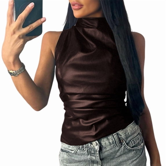 Women' Solid Mock Neck Sleeveless PU Leather Pleated Slim Fit Tank Top Brown XL