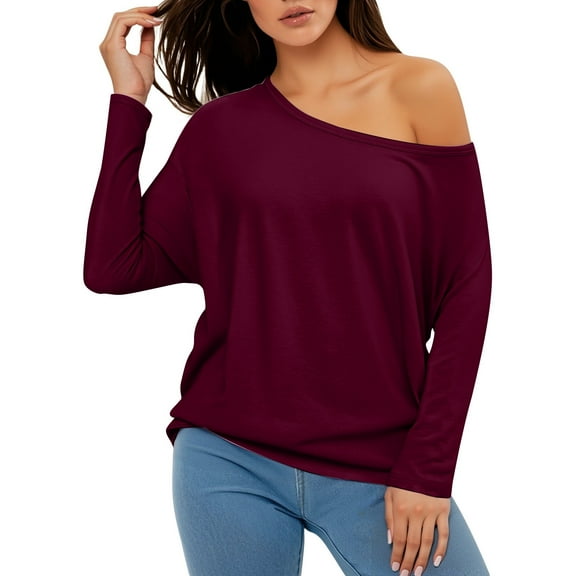 Women Solid Off The Shoulder Tops Long Sleeve T Shirts Fall Casual Dressy Blouse Trendy Loose Fit Tunics Y2K T-shirts