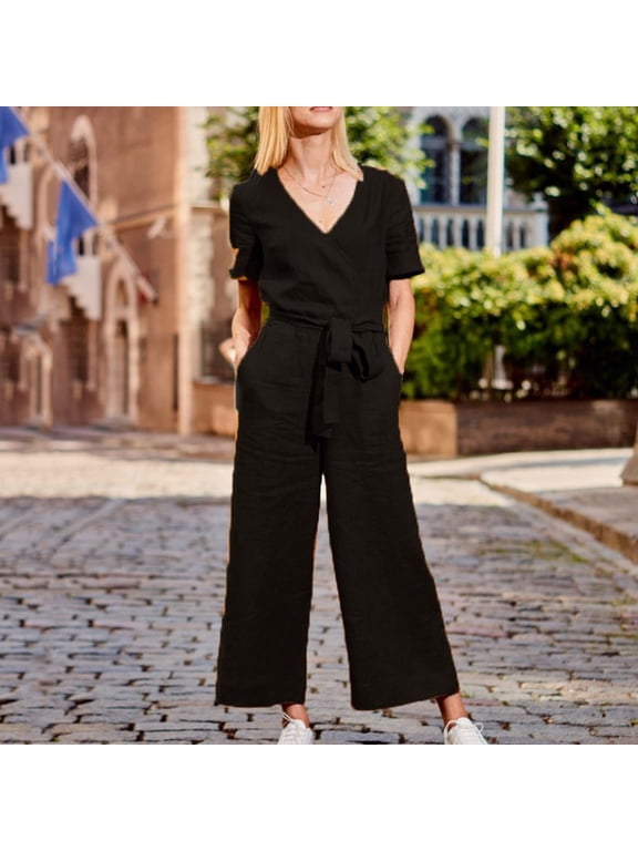 Women Solid Pocket Romper Short Sleeve V-neck Belt Loose Overalls Jumpsuit Sophisticated Jumpsuit for Women Sequin Drawstring Jumpsuit Overall for Woman Petite Jumpsuits for Women Long Sleeves