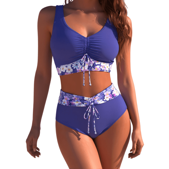 Women Solid Purple U-Neck Wide Strap Front Ruched Drawstring Crop Bikini Top, Floral Print Spliced High Waist Front Tie Tummy Control Two Piece Bathing Suit, Summer Beach Swimwear Sizes