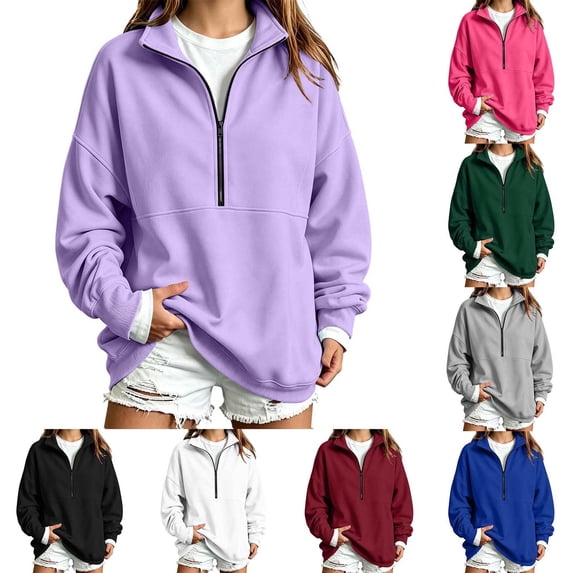 Women Solid Quarter Zip Sweatshirt Sevevn Stand Collar Drop Shoulder Long Sleeve Loose Fit Casual Oversized Pullover Tops For Everyday Loungewear