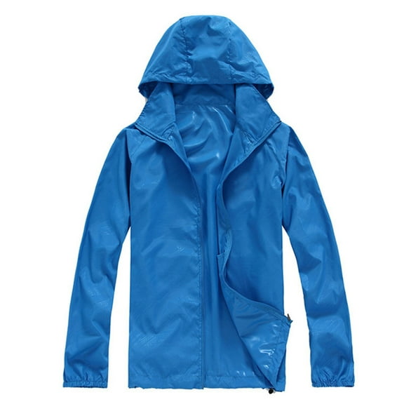 Women Solid Rain Jacket Outdoor Plus Size Hooded Windproof Loose Coat Water Proof Raglan Cuff Storage Bag Long Sleeve Hooded Neck Workout Tops for Women Blue 2XL