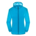 thumbnail image 1 of Women Solid Rain Jacket Outdoor Plus Size Hooded Windproof Loose Coat Water Proof Raglan Cuff Storage Bag Long Sleeve Hooded Neck Workout Tops for Women Sky Blue 3XL, 1 of 3