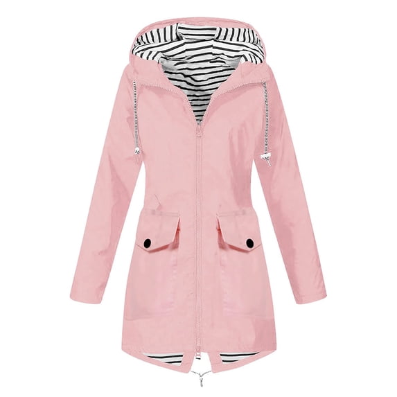 Women Solid Rain Jacket Outdoor Plus Size Long Hooded Windproof Loose Coats Female down Jackets Travel Trench