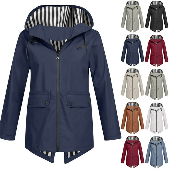 Women Solid Rain Outdoor Plus Size Hooded Windproof Loose Coat Tops With Pocket- Raincoat for Women Packable Rain coat Hooded Windbreaker for Travel Outdoor