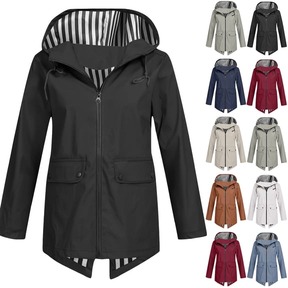 Women Solid Rain Outdoor Plus Size Hooded Windproof Loose Coat Tops With Pocket- Raincoat for Women Packable Rain coat Hooded Windbreaker for Travel Outdoor