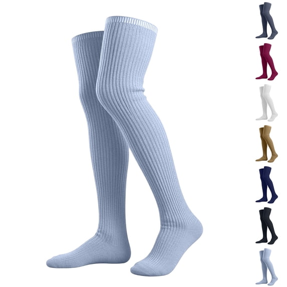 Women Solid Ribbed Thigh High Socks Vertical Stripe Stretch Over Knee Long Leg Warmers Casual Daily Dress High Socks Gray Free Size