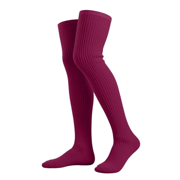 Women Solid Ribbed Thigh High Socks Vertical Stripe Stretch Over Knee Long Leg Warmers Casual Daily Dress High Socks Wine Free Size