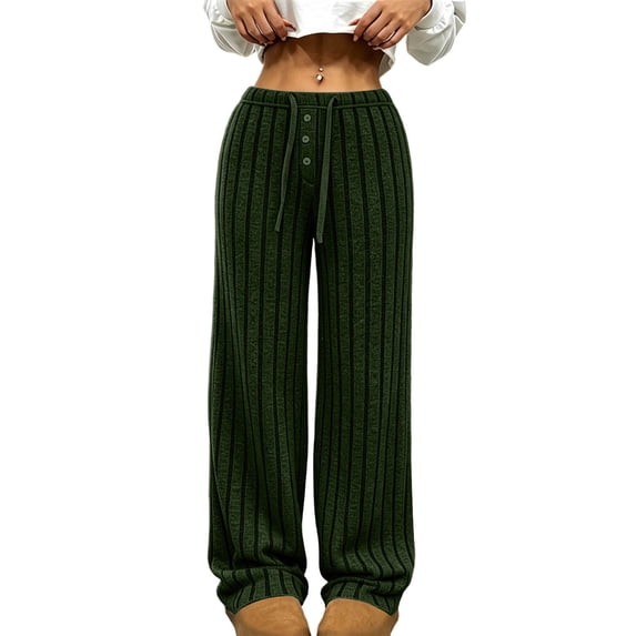 Women Solid Ribbed Wide Leg Pants, High Waist Casual Loose Fit Comfort Long Trousers for Everyday Wear Army Green-A L(L)