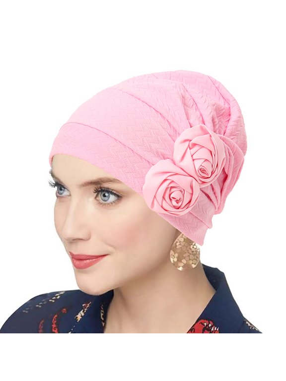 Women Solid Rose Flower Stretch Beanie Hat Headwear Hairband Turban Headwrap Cap