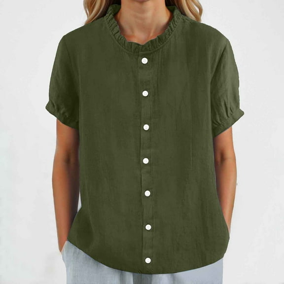 Women Solid Round Neck Casual Stand Up Collar Button Short Sleeve T Shirt Top Athletic Long Sleeve Shirt Women Dark Tee Apparel T Shirt Womens Workout for Women Long Sleeve Long Sleeve Tall Shirt