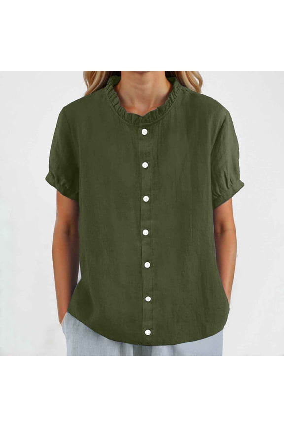 Women Solid Round Neck Casual Stand Up Collar Button Short Sleeve T Shirt Top Long Sleeves Shirt Shirts for Women Striped Girls Shirts Long Sleeve Women Womens T Shirt Lightweight Shirt for Women